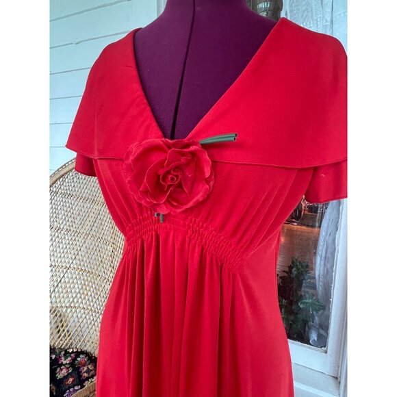 Vintage 1970s Red Maxi Dress Butterfly wing sleeves attached Rose - Picture 8 of 15